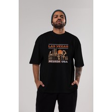 ankhisesLas Vegas Ön Baskılı Siyah Oversize T-Shirt  Erkek Kadın Bisiklet Yaka