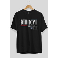 ankhises Brooklyn 56 Yazılı Ön Baskılı Siyah Oversize T-Shirt  Erkek Kadın Bisiklet Yaka