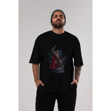 ankhises Warrior Ön Baskılı Siyah Oversize T-Shirt  Erkek Kadın Bisiklet Yaka