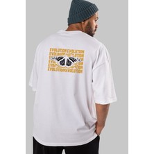 ankhises Evolution Urban Style Arka Baskılı Beyaz Oversize T-Shirt  Erkek Kadın Bisiklet Yaka
