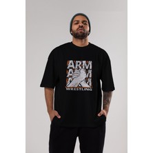 ankhises Arm Wrestling Ön Baskılı Siyah Oversize T-Shirt  Erkek Kadın Bisiklet Yaka