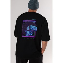 ankhises Metaverse Arka Baskılı Siyah Oversize T-Shirt  Erkek Kadın Bisiklet Yaka