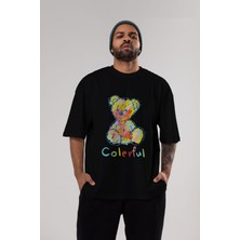 ankhises Colerful Bear Ön Baskılı Siyah Oversize T-Shirt  Erkek Kadın Bisiklet Yaka