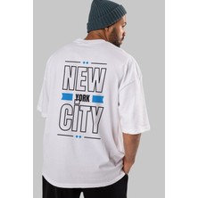 ankhisesNew York City Yazılı Arka Baskılı Beyaz Oversize T-Shirt Erkek Kadın Bisiklet Yaka