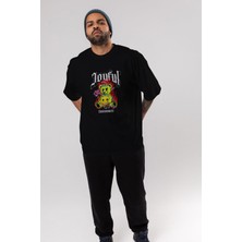 ankhises Joyful Bear Ön Baskılı Siyah Oversize T-Shirt  Erkek Kadın Bisiklet Yaka