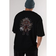 ankhises Shou Khan Arka Baskılı Siyah Oversize T-Shirt  Erkek Kadın Bisiklet Yaka