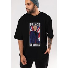 ankhises Prince Charles Ön Baskılı Siyah Oversize T-Shirt  Erkek Kadın Bisiklet Yaka
