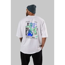 ankhises Street Vibes Arka Baskılı Beyaz Oversize T-Shirt  Erkek Kadın Bisiklet Yaka