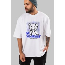 ankhisesTeddy Bear Be Yourself Ön Baskılı Beyaz Oversize T-Shirt  Erkek Kadın Bisiklet Yaka