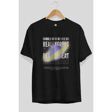 ankhisesReally Great Yazılı Ön Baskılı Siyah Oversize T-Shirt  Erkek Kadın Bisiklet Yaka