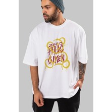 ankhisesZero Hug Bear Ön Baskılı Beyaz Oversize T-Shirt  Erkek Kadın Bisiklet Yaka