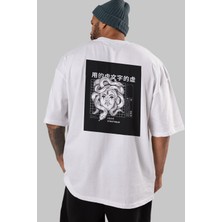 ankhisesHipster Japanese Style Arka Baskılı Beyaz Oversize T-Shirt Erkek Kadın Bisiklet Yaka