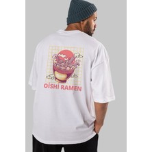 ankhisesOishi Ramen Yazılı Arka Baskılı Beyaz Oversize T-Shirt Erkek Kadın Bisiklet Yaka