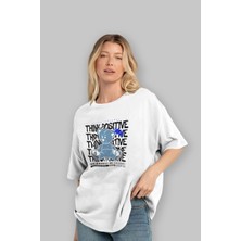 ankhises Teddy Bear Think Positive Ön Baskılı Beyaz Oversize T-Shirt  Erkek Kadın Bisiklet Yaka