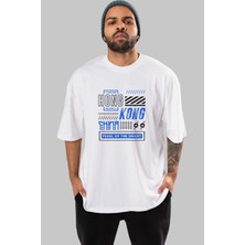 ankhises Hong Kong Ön Baskılı Beyaz Oversize T-Shirt  Erkek Kadın Bisiklet Yaka