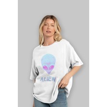 ankhisesAlien Ön Baskılı Beyaz Oversize T-Shirt Erkek Kadın Bisiklet Yaka