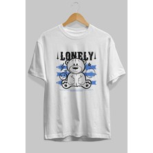 ankhises Teddy Bear Lonely Ön Baskılı Beyaz Oversize T-Shirt  Erkek Kadın Bisiklet Yaka