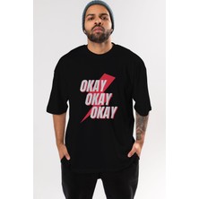 ankhises Okay Ön Baskılı Siyah Oversize T-Shirt  Erkek Kadın Bisiklet Yaka