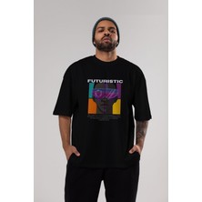 ankhisesFuturistic Streetwear Ön Baskılı Siyah Oversize T-Shirt  Erkek Kadın Bisiklet Yaka
