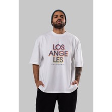 ankhisesLos Angeles California Ön Baskılı Beyaz Oversize T-Shirt  Erkek Kadın Bisiklet Yaka