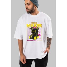 ankhisesTeddy Bear Trouble Maker Ön Baskılı Beyaz Oversize T-Shirt  Erkek Kadın Bisiklet Yaka