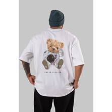 ankhises Teddy Bear Asrtonot Arka Baskılı Beyaz Erkek Kadın Bisiklet Yaka Oversize T-Shirt