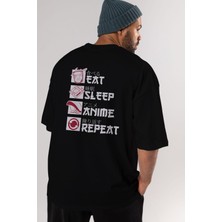 Ankhises Eat, Sleep, Anime, Repeat Anime Arka Baskılı Siyah Oversize T-Shirt Erkek Kadın