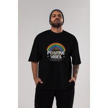ankhises Positive Vibes Ön Baskılı Siyah Oversize T-Shirt  Erkek Kadın Bisiklet Yaka
