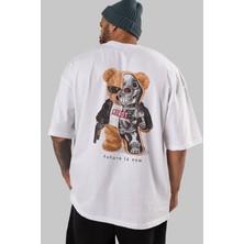 ankhises Teddy Bear Robot Arka Baskılı Beyaz Erkek Kadın Bisiklet Yaka Oversize T-Shirt