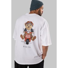 ankhises Teddy Bear Ride On Arka Baskılı Beyaz Erkek Kadın Bisiklet Yaka Oversize T-Shirt