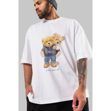 ankhises Teddy Bear Lift You Up Ön Baskılı Beyaz Oversize T-Shirt Erkek Kadın Bisiklet Yaka