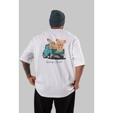 ankhises Teddy Bear Chill Out Arka Baskılı Beyaz Erkek Kadın Bisiklet Yaka Oversize T-Shirt