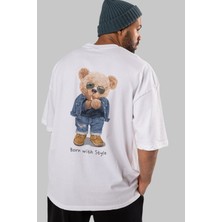 ankhises Teddy Bear Born With Style Arka Baskılı Beyaz Erkek Kadın Bisiklet Yaka Oversize T-Shirt