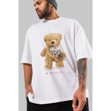 ankhisesTeddy Bear Dress Up Ön Baskılı Beyaz Oversize T-Shirt Erkek Kadın Bisiklet Yaka