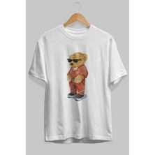 ankhises Teddy Bear Kodes Ön Baskılı Beyaz Oversize T-Shirt Erkek Kadın Bisiklet Yaka