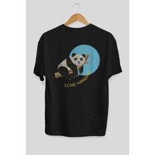 ankhises Panda Love Hanging Arka Baskılı Siyah Oversize T-Shirt Erkek Kadın Bisiklet Yaka