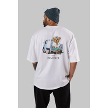 ankhises Teddy Bear Surf Club Arka Baskılı Beyaz Erkek Kadın Bisiklet Yaka Oversize T-Shirt