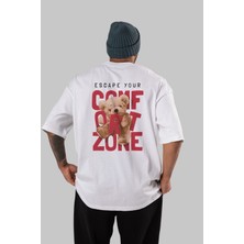 ankhisesTeddy Bear Escape Comfort Zone Arka Baskılı Beyaz Erkek Kadın Bisiklet Yaka Oversize T-Shirt