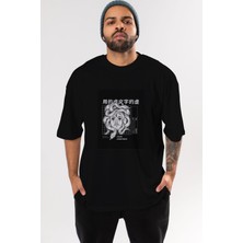 ankhisesHipster Japanese Style Ön Baskılı Siyah Oversize T-Shirt  Erkek Kadın Bisiklet Yaka