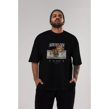 ankhises Teddy Bear The Money Ön Baskılı Siyah Oversize T-Shirt Erkek Kadın Bisiklet Yaka