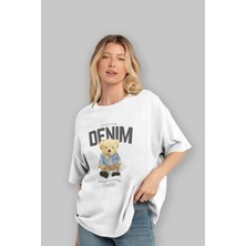 ankhises Teddy Bear Forever Denim Ön Baskılı Beyaz Oversize T-Shirt Erkek Kadın Bisiklet Yaka