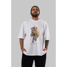 Ankhises Teddy Bear Sport Boy Ön Baskılı Beyaz Oversize T-Shirt Erkek Kadın Bisiklet Yaka