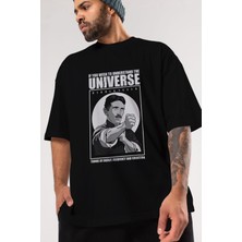 ankhises Nicola Tesla Ip Man Ön Baskılı Siyah Oversize T-Shirt  Erkek Kadın Bisiklet Yaka