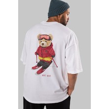 ankhises Teddy Bear Ski On Arka Baskılı Beyaz Erkek Kadın Bisiklet Yaka Oversize T-Shirt