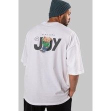 ankhisesTeddy Bear Joy Arka Baskılı Beyaz Erkek Kadın Bisiklet Yaka Oversize T-Shirt