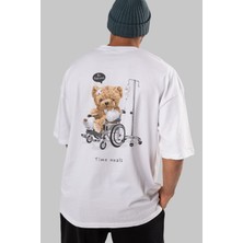 ankhises Teddy Bear Time Heals Arka Baskılı Beyaz Erkek Kadın Bisiklet Yaka Oversize T-Shirt