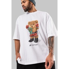 ankhisesTeddy Bear Victory Ön Baskılı Beyaz Oversize T-Shirt Erkek Kadın Bisiklet Yaka