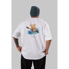 ankhises Teddy Bear Paddle Out Arka Baskılı Beyaz Erkek Kadın Bisiklet Yaka Oversize T-Shirt