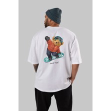 ankhises Teddy Bear Jump High Arka Baskılı Beyaz Erkek Kadın Bisiklet Yaka Oversize T-Shirt