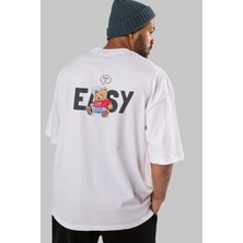 ankhises Teddy Bear Easy Arka Baskılı Beyaz Erkek Kadın Bisiklet Yaka Oversize T-Shirt